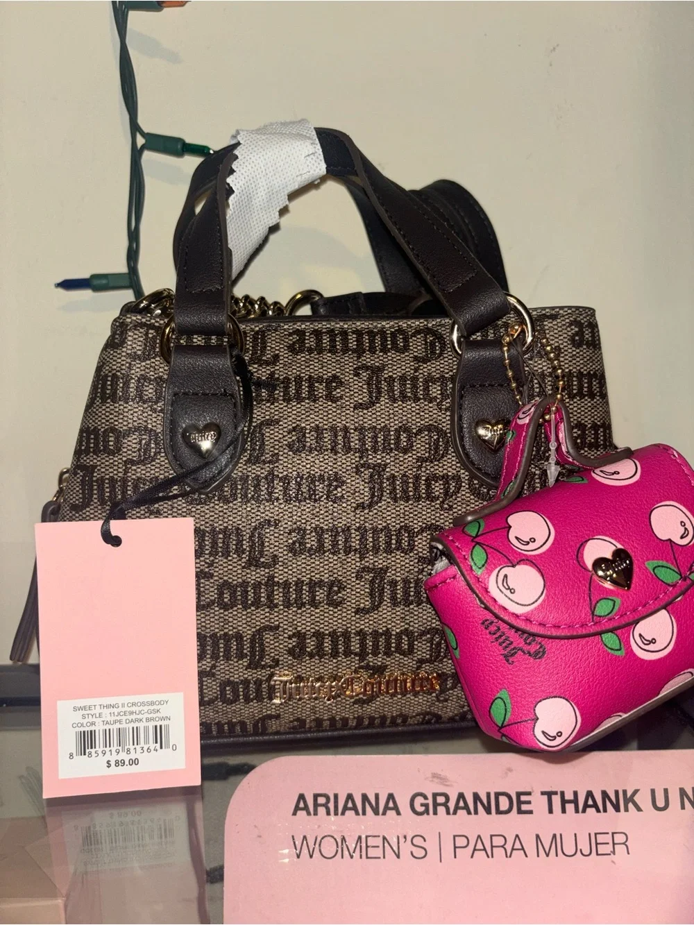 Juicy Couture Taupe Brown Logo Satchel with Pink Cherry Coin Pouch